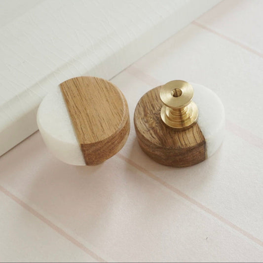 White Stone and Wood Cabinet Knobs, Modern Knobs and Pulls Handmade in