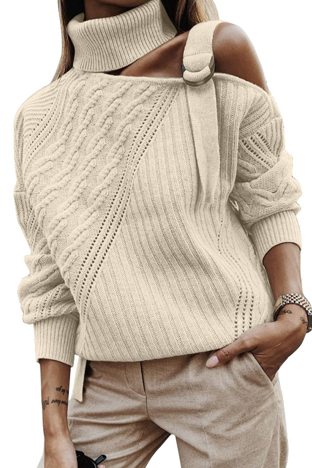 Strapped Cut Out Shoulder Turtleneck Sweater