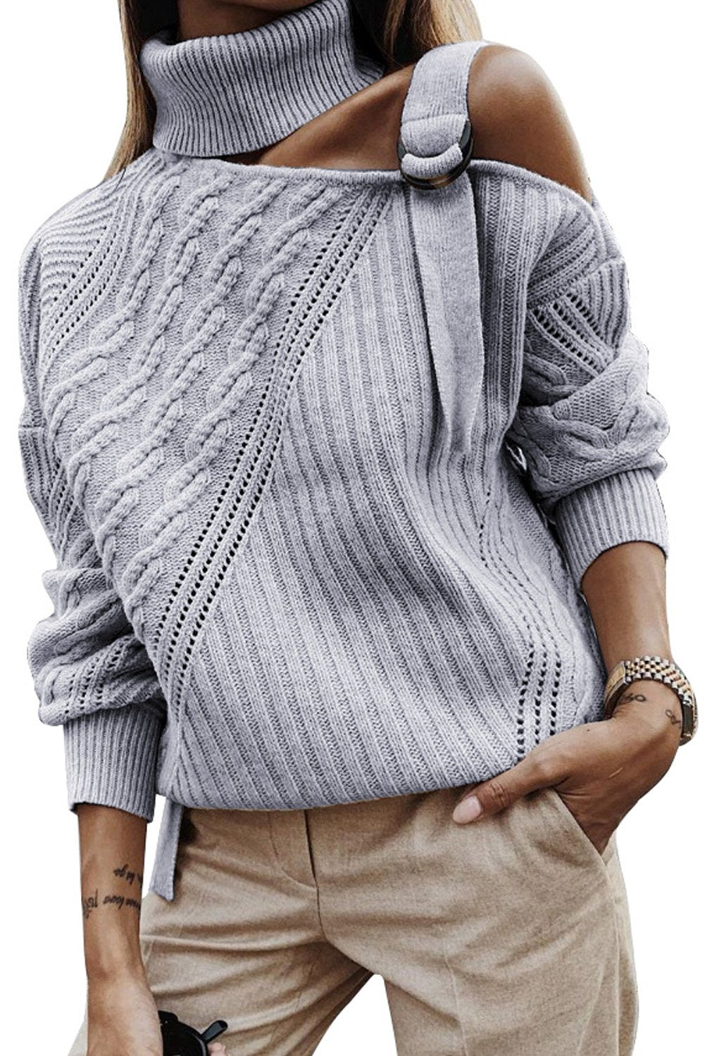 Strapped Cut Out Shoulder Turtleneck Sweater