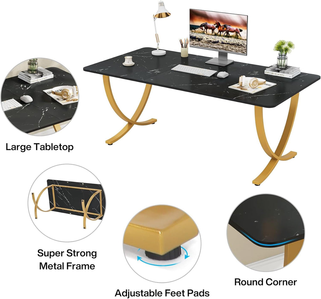 63 Inch Wide Black And Gold Office Desk