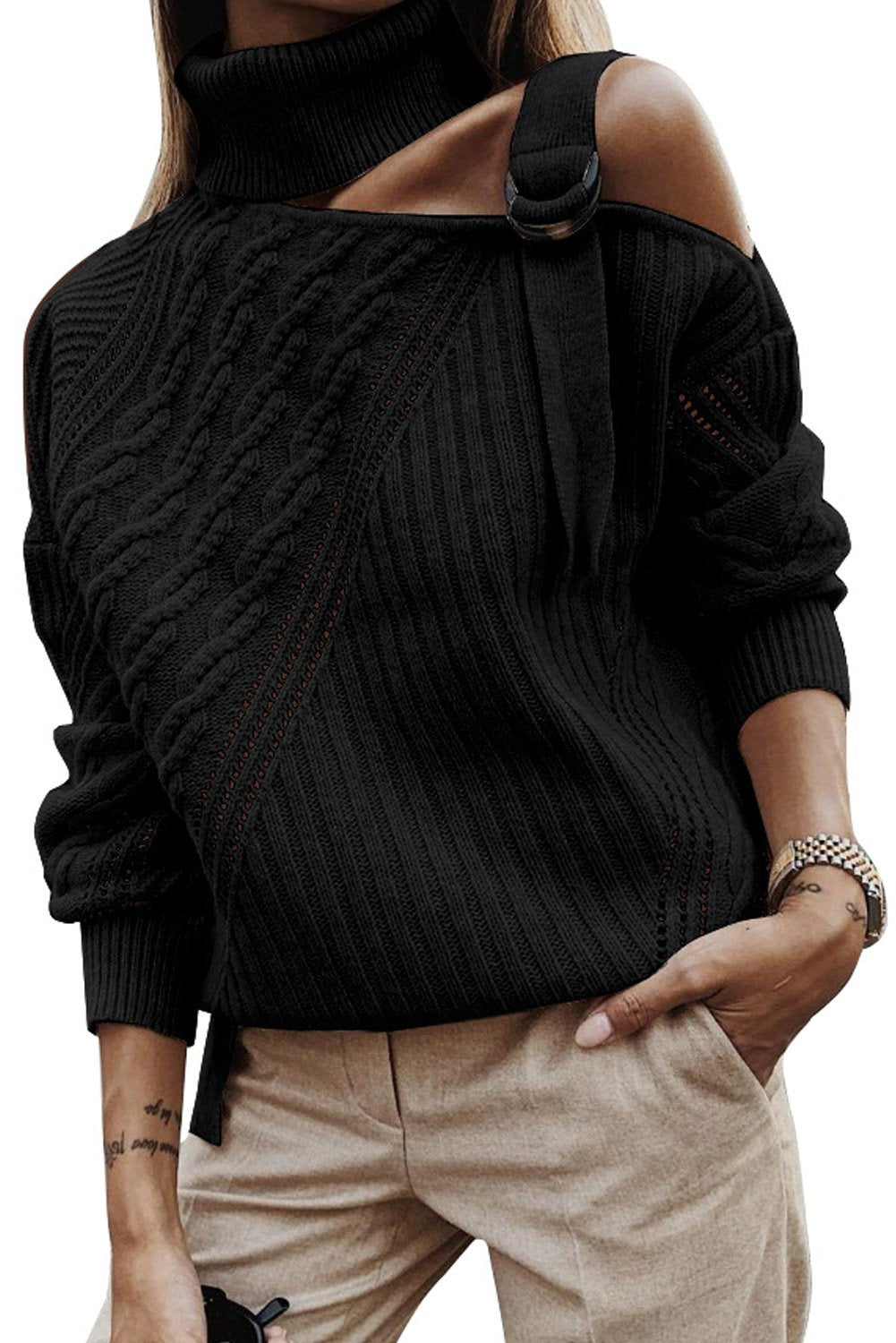 Strapped Cut Out Shoulder Turtleneck Sweater