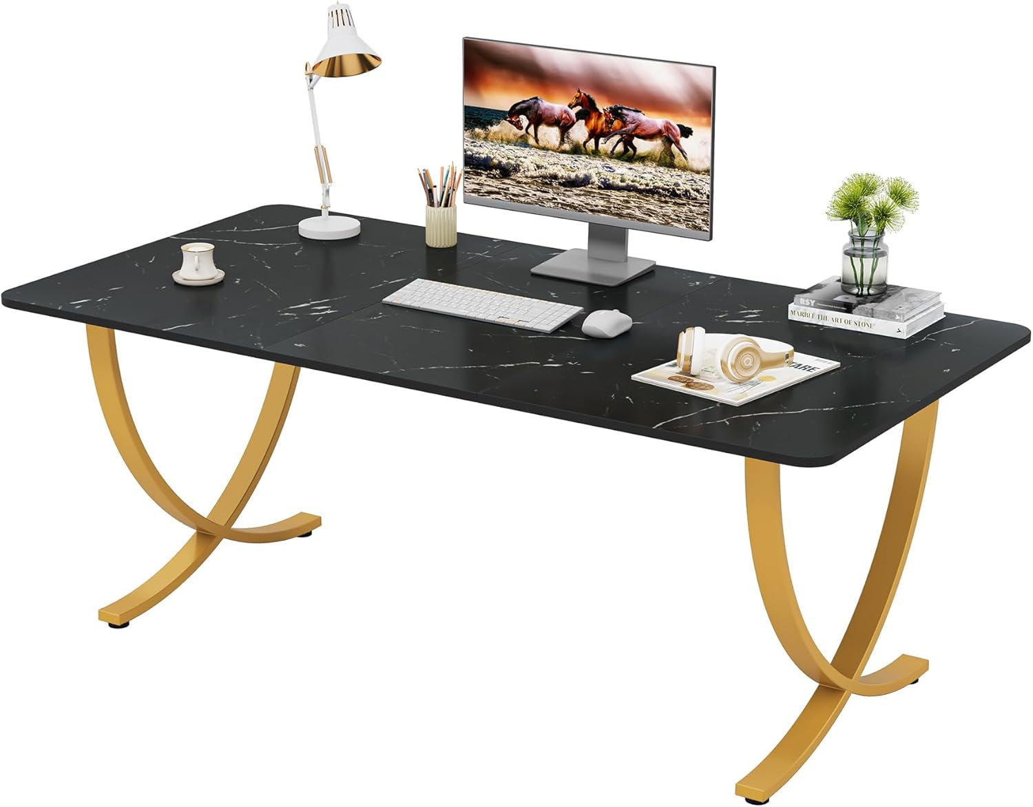 63 Inch Wide Black And Gold Office Desk