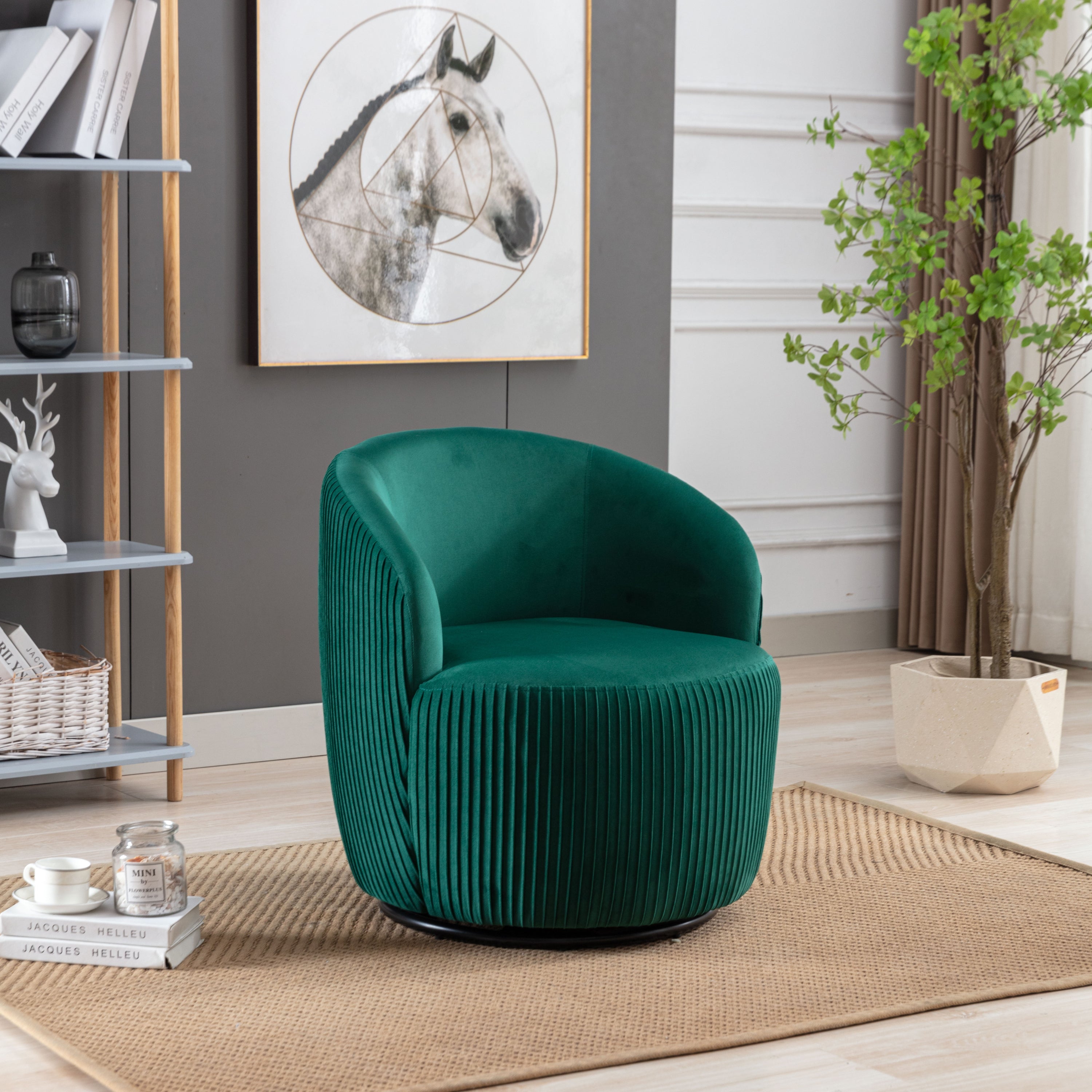 Velvet Green Swivel Barrel Accent Armchair With A Black Base