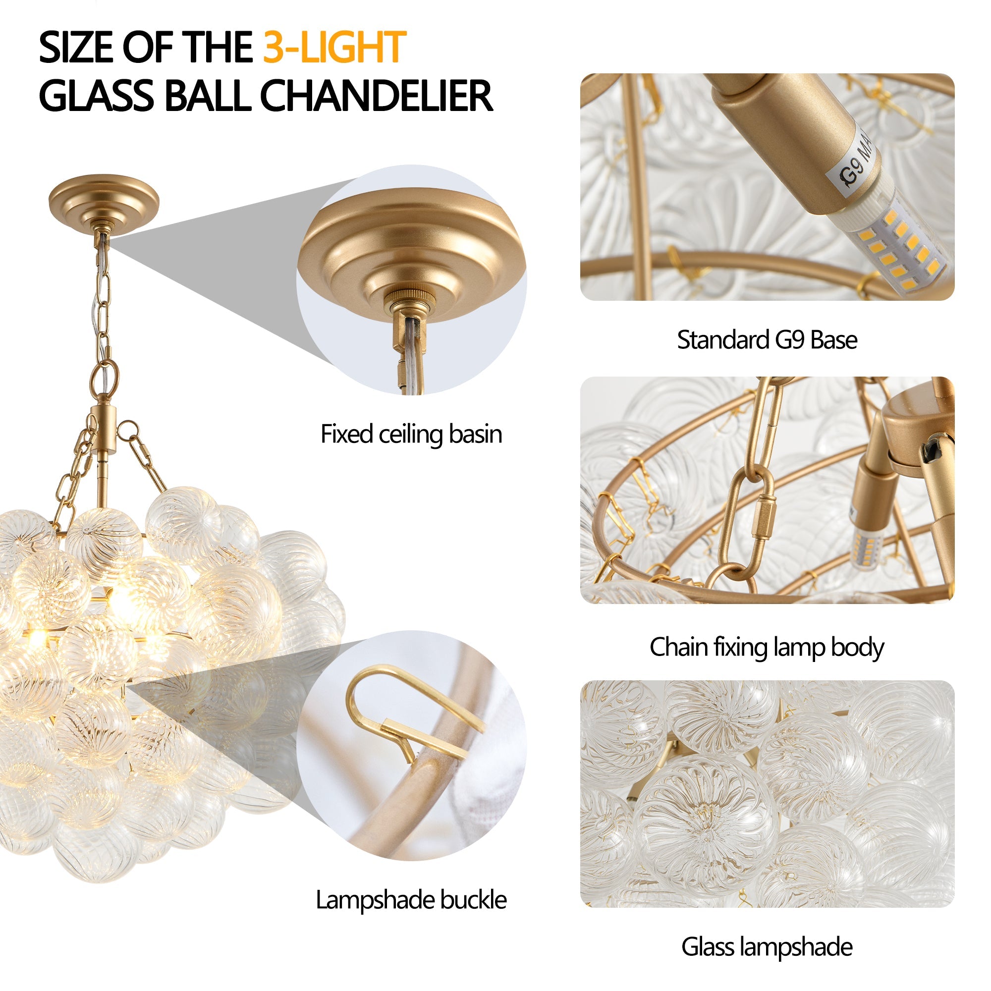 23.6" Gold Pendant Chandelier - 52 Bulbs Threaded Glass