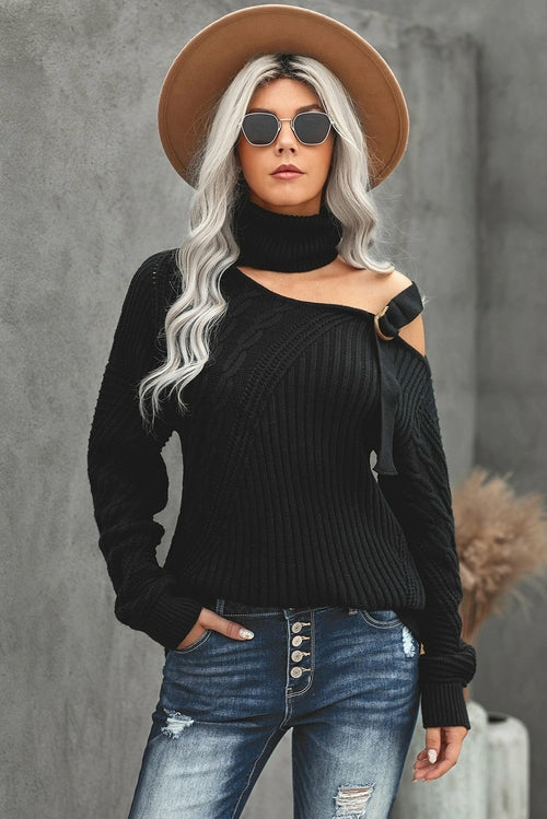 Strapped Cut Out Shoulder Turtleneck Sweater