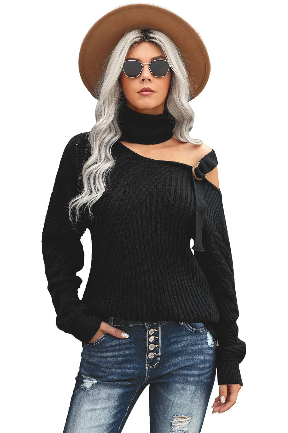 Strapped Cut Out Shoulder Turtleneck Sweater