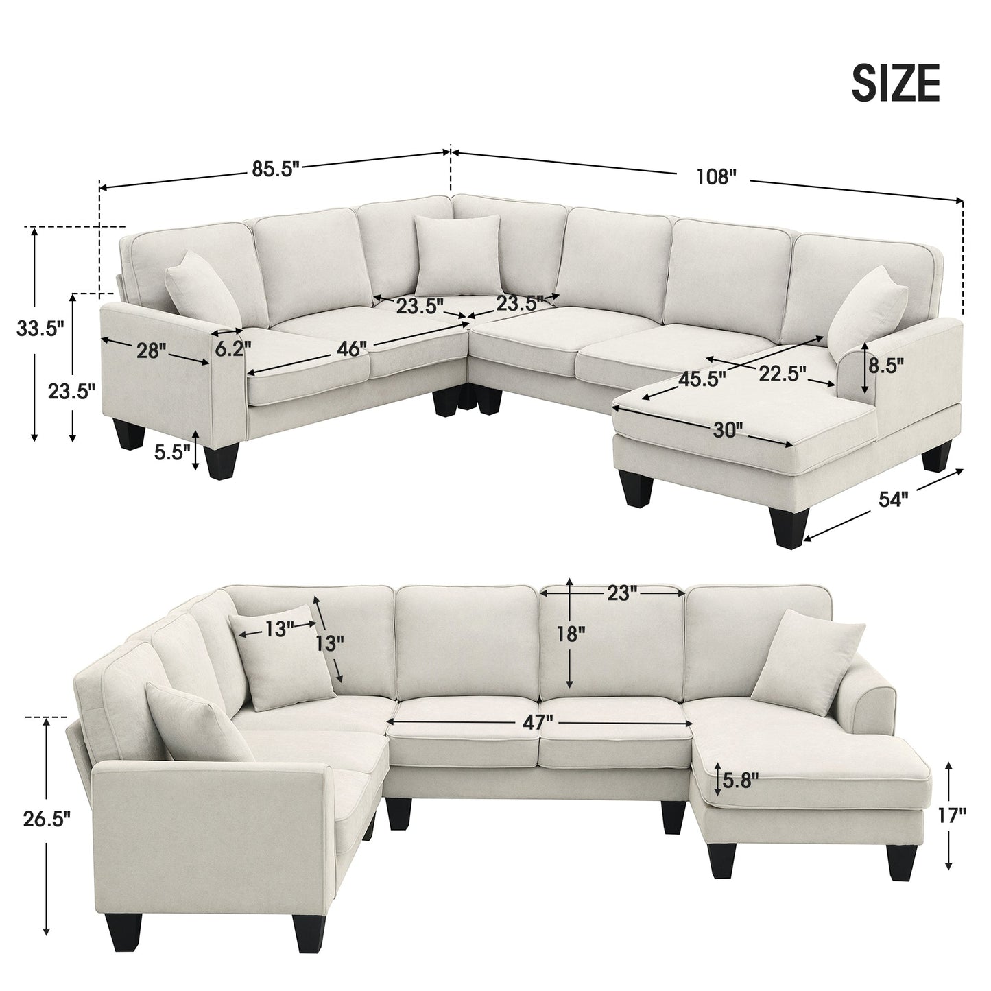 108*85.5" Modern U Shape Sectional Sofa, 7 Seat Fabric Sectional Sofa