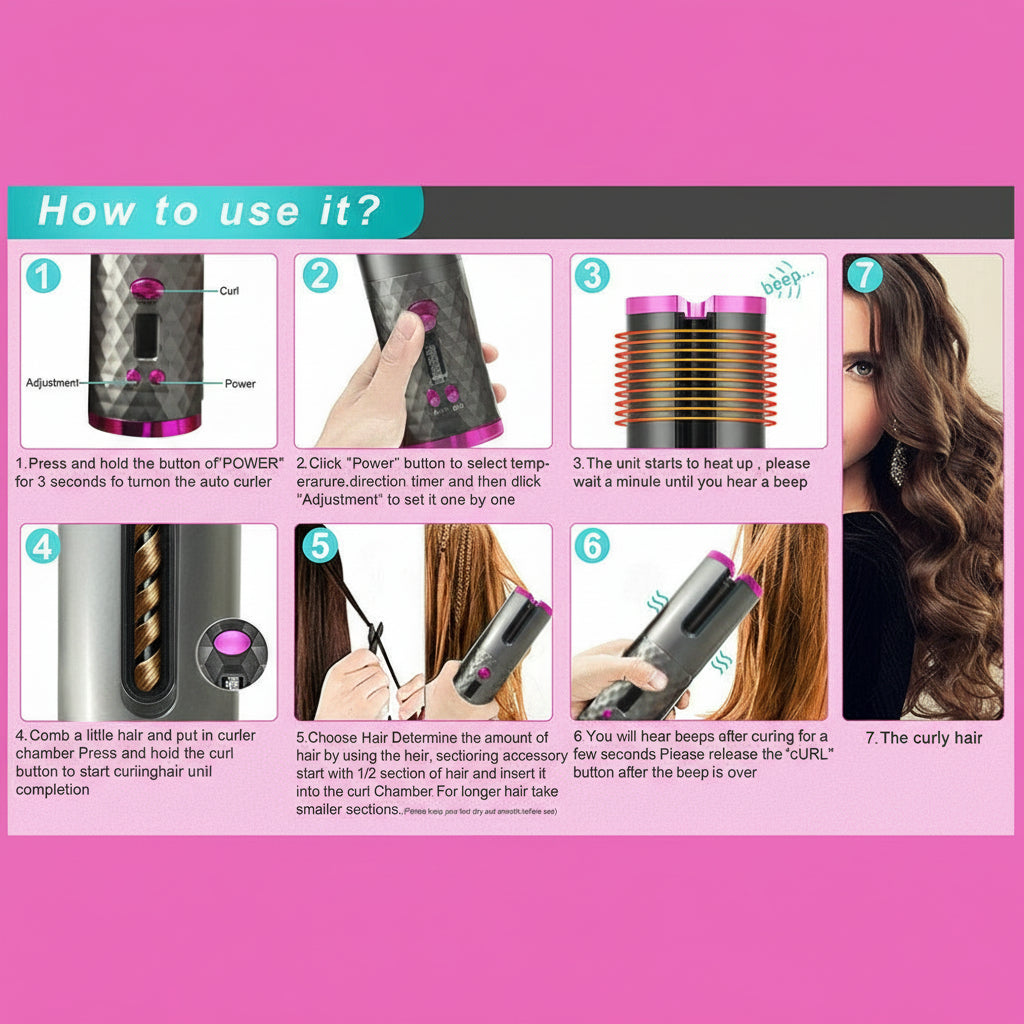 Hair Curler LCD Cordless Auto Rotating Waver Curling Iron Ceramic