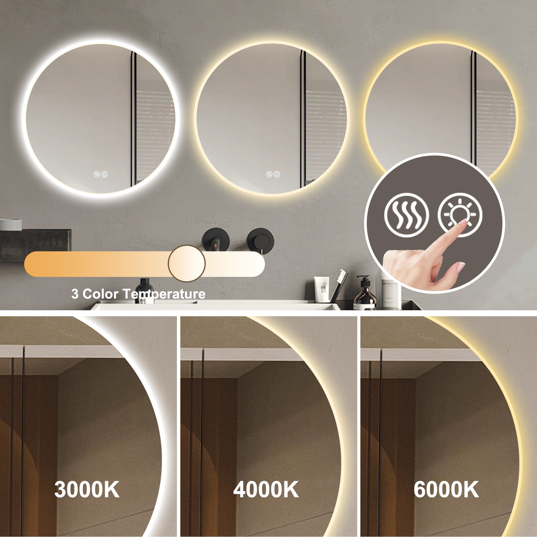 32'' LED Round Wall Mirror - Anti-Fog, 3 Color Temps