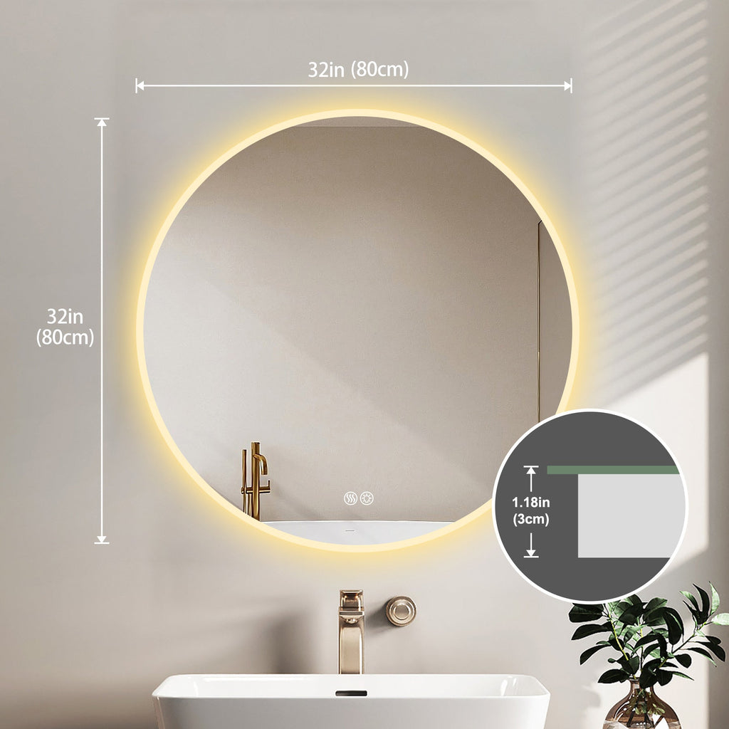 32'' LED Round Wall Mirror - Anti-Fog, 3 Color Temps