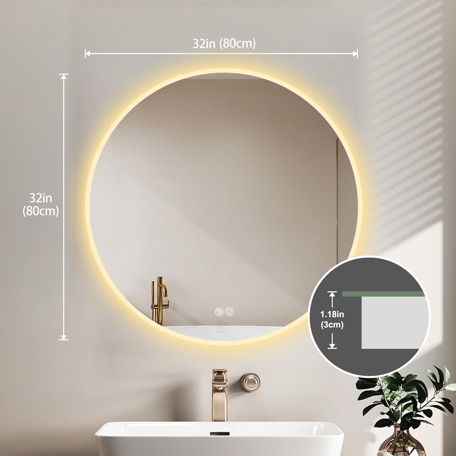 32'' LED Round Wall Mirror - Anti-Fog, 3 Color Temps