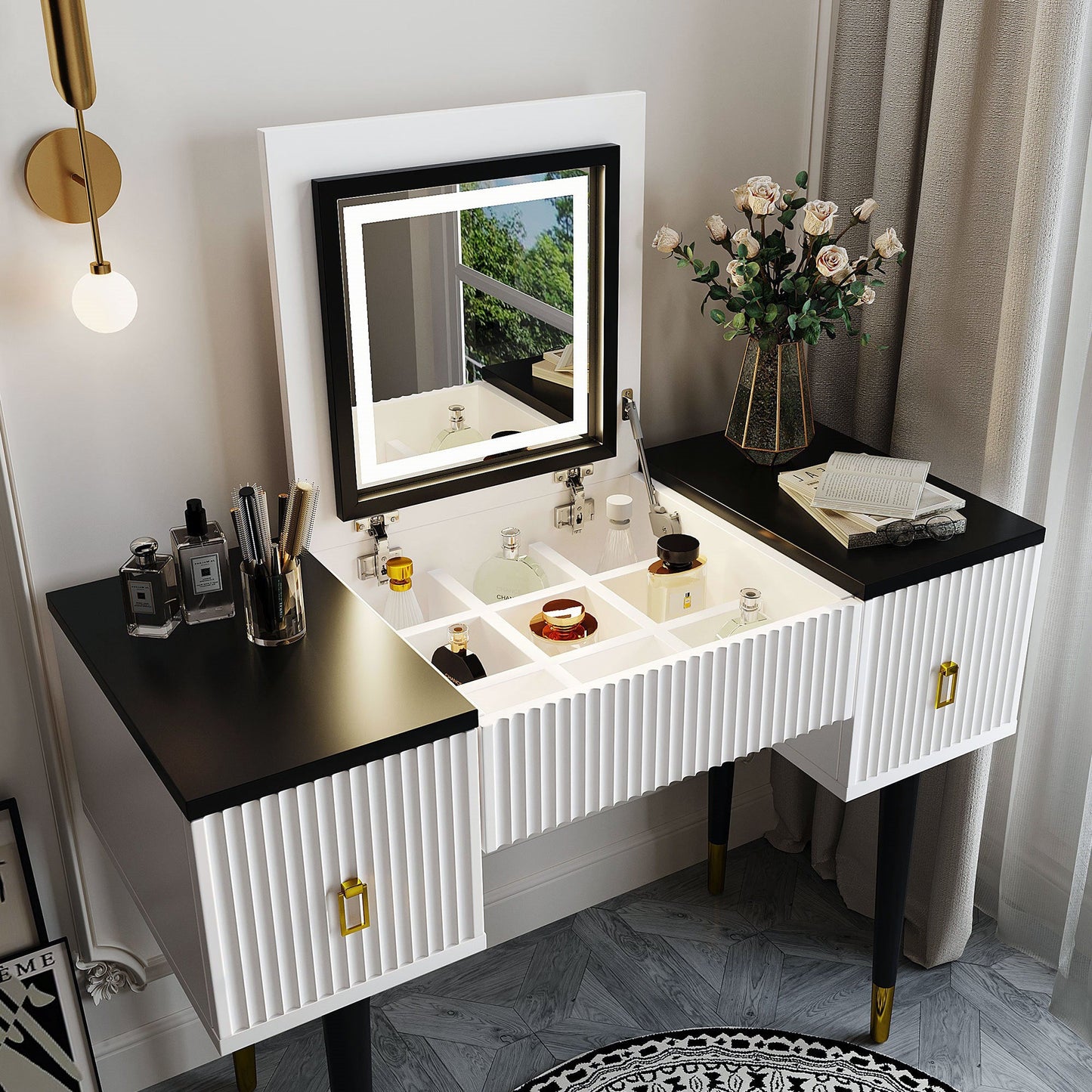 43.3" Modern Vanity Table Set with Flip-top Mirror and LED Light,