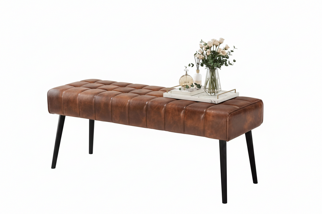 Mid-Century Modern Brown Bench with PU Leather