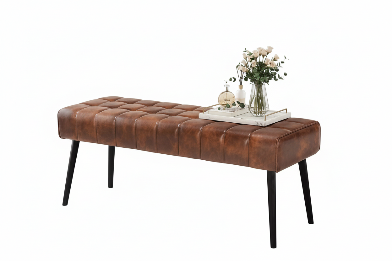Mid-Century Modern Brown Bench with PU Leather