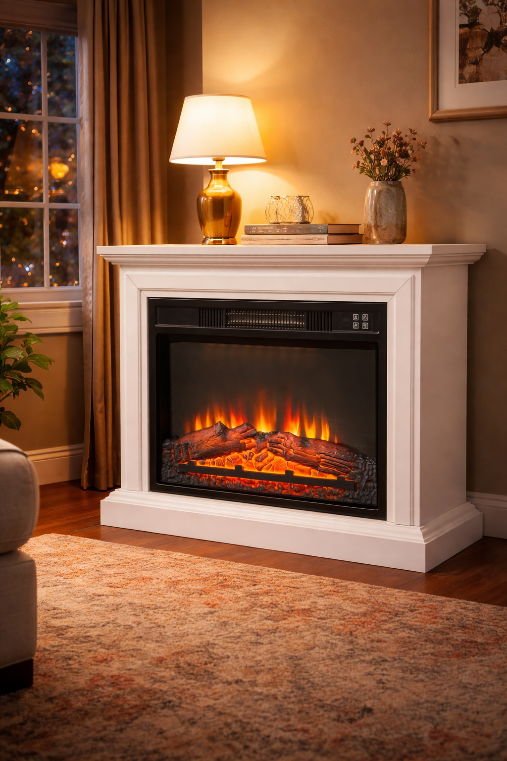 31 inch White Electric Fireplace Heater Dimmable Flame Effect