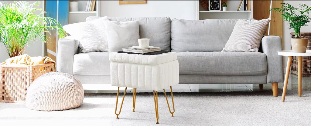 Faux Fur Living Room Hidden Storage Stools & Ottomans Padded Makeup with 4 Metal Legs Anti-Slip Adjustable Feet for Home