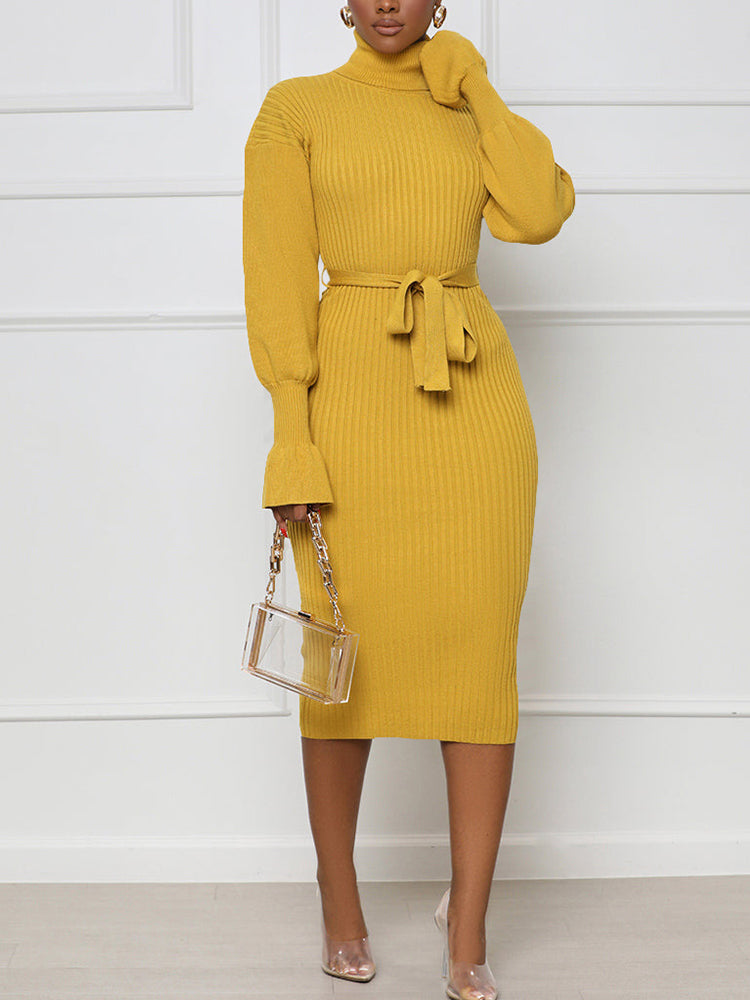 High Neck Long Sleeve Knitted Sweater Dress with Belt