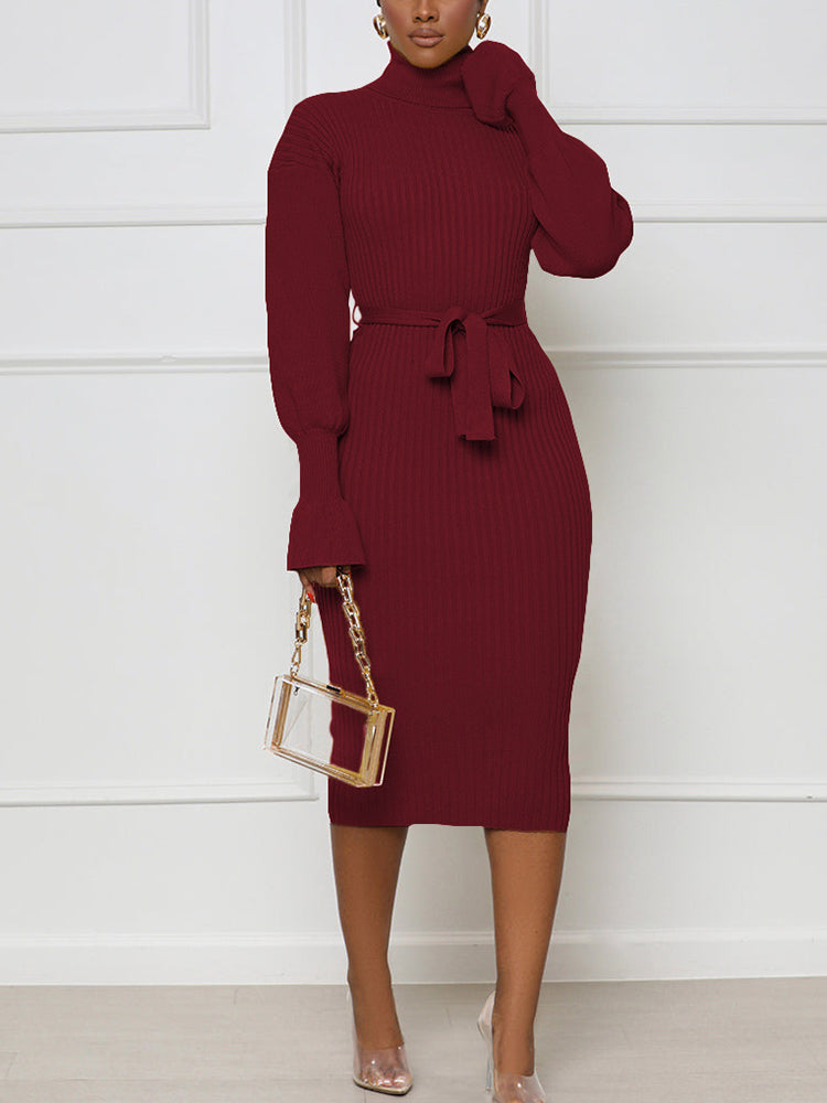 High Neck Long Sleeve Knitted Sweater Dress with Belt