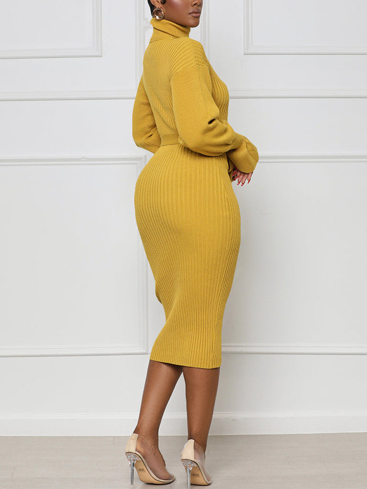 High Neck Long Sleeve Knitted Sweater Dress with Belt