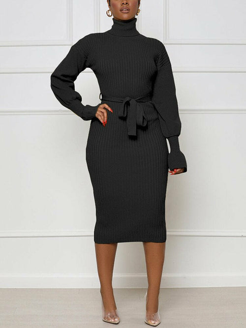 High Neck Long Sleeve Knitted Sweater Dress with Belt