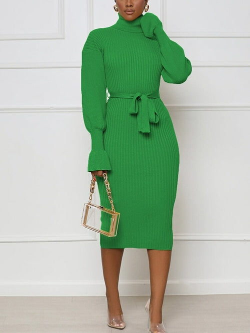 High Neck Long Sleeve Knitted Sweater Dress with Belt