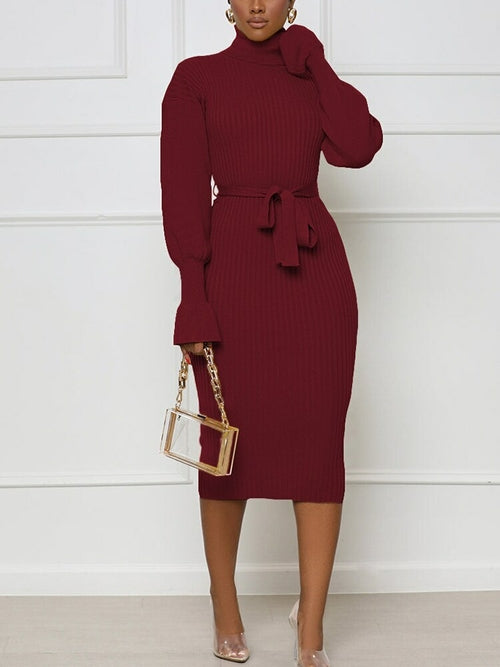 High Neck Long Sleeve Knitted Sweater Dress with Belt