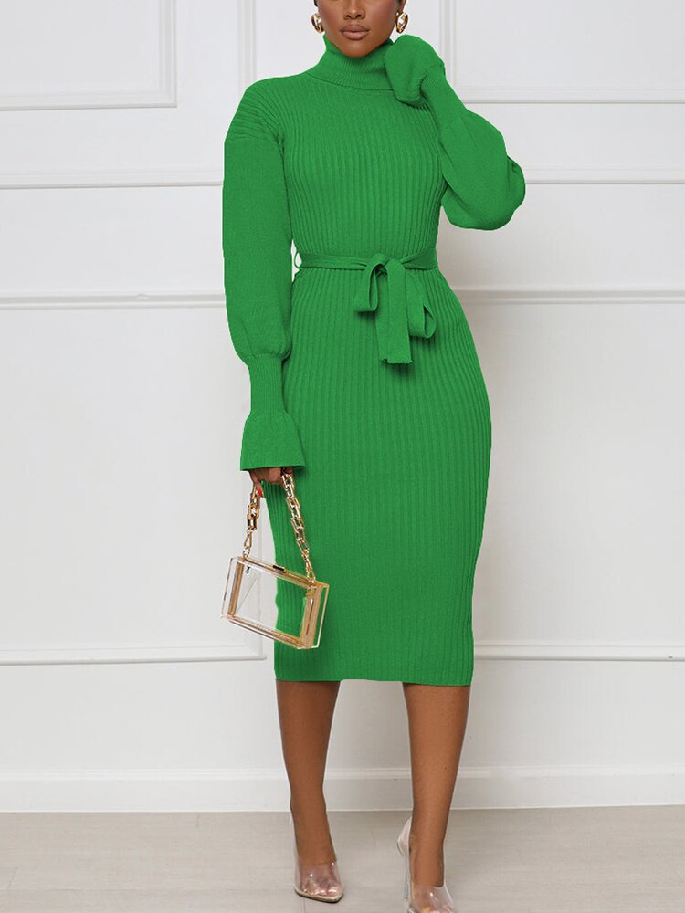 High Neck Long Sleeve Knitted Sweater Dress with Belt