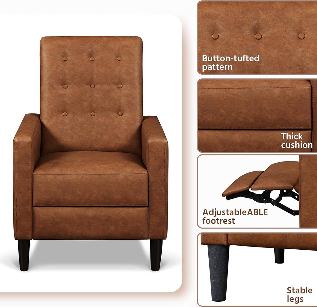 Mid-Century Brown Faux Leather Recliner Chair