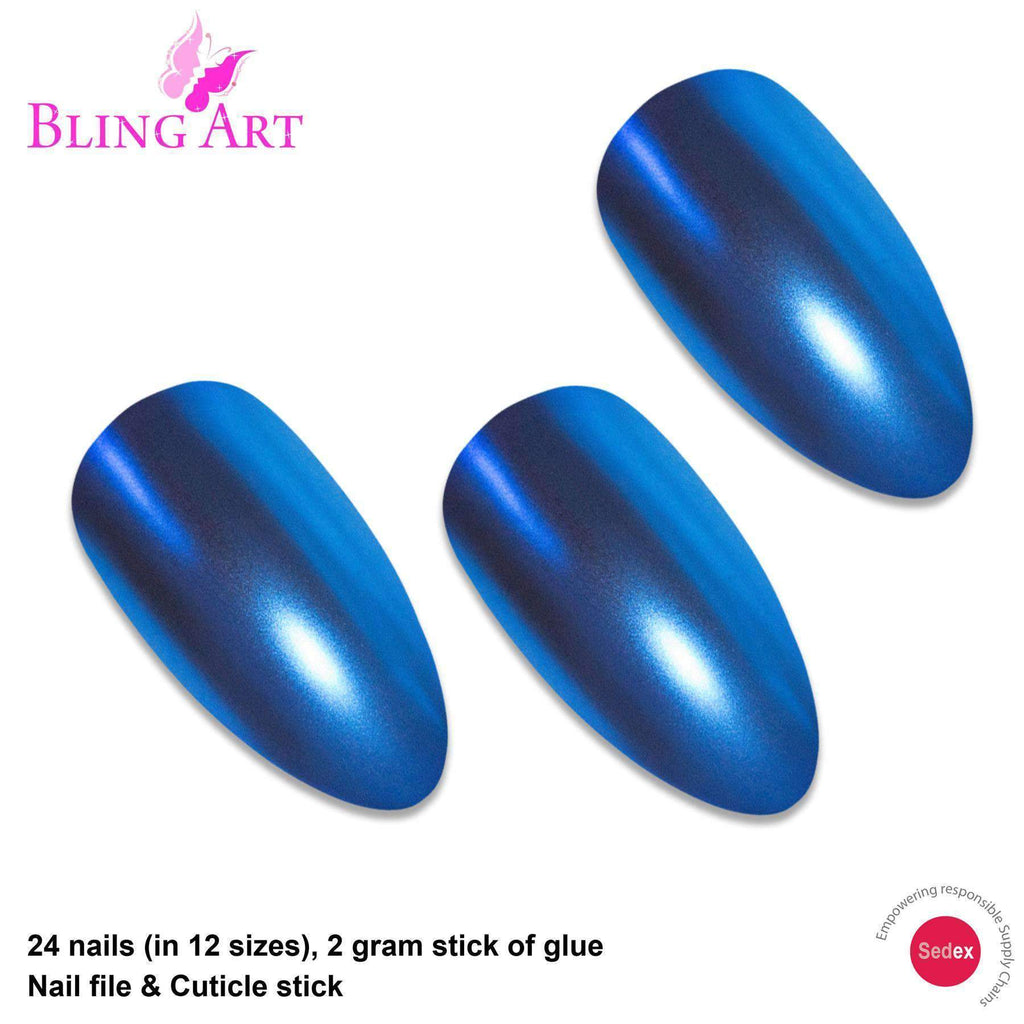 False Nails by Bling Art Blue Matte Metallic Almond Stiletto Fake