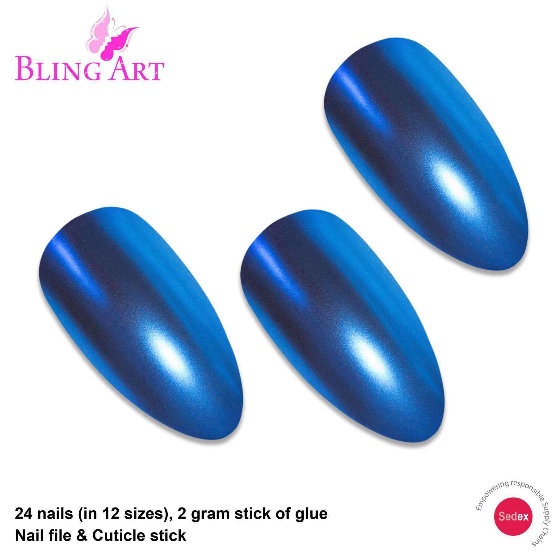 False Nails by Bling Art Blue Matte Metallic Almond Stiletto Fake