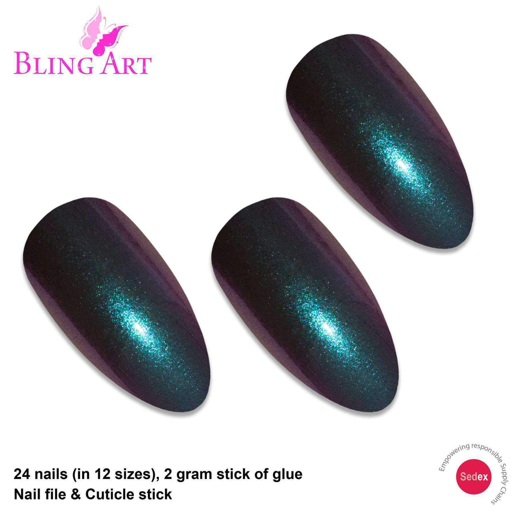 False Nails by Bling Art Green Purple Chameleon Almond Stiletto 24
