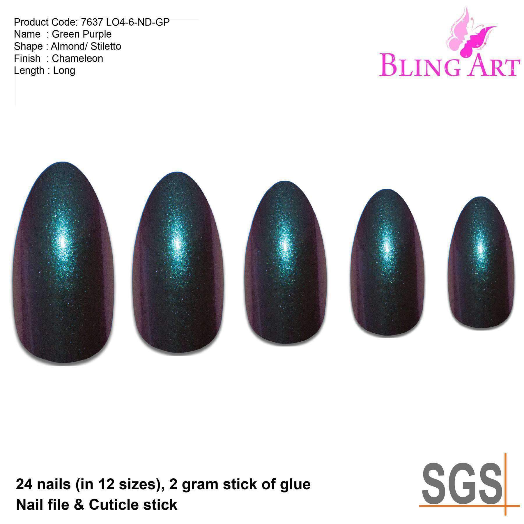 False Nails by Bling Art Green Purple Chameleon Almond Stiletto 24