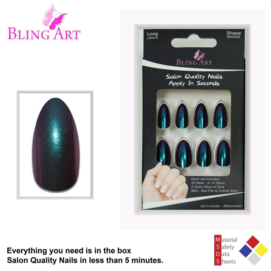 False Nails by Bling Art Green Purple Chameleon Almond Stiletto 24
