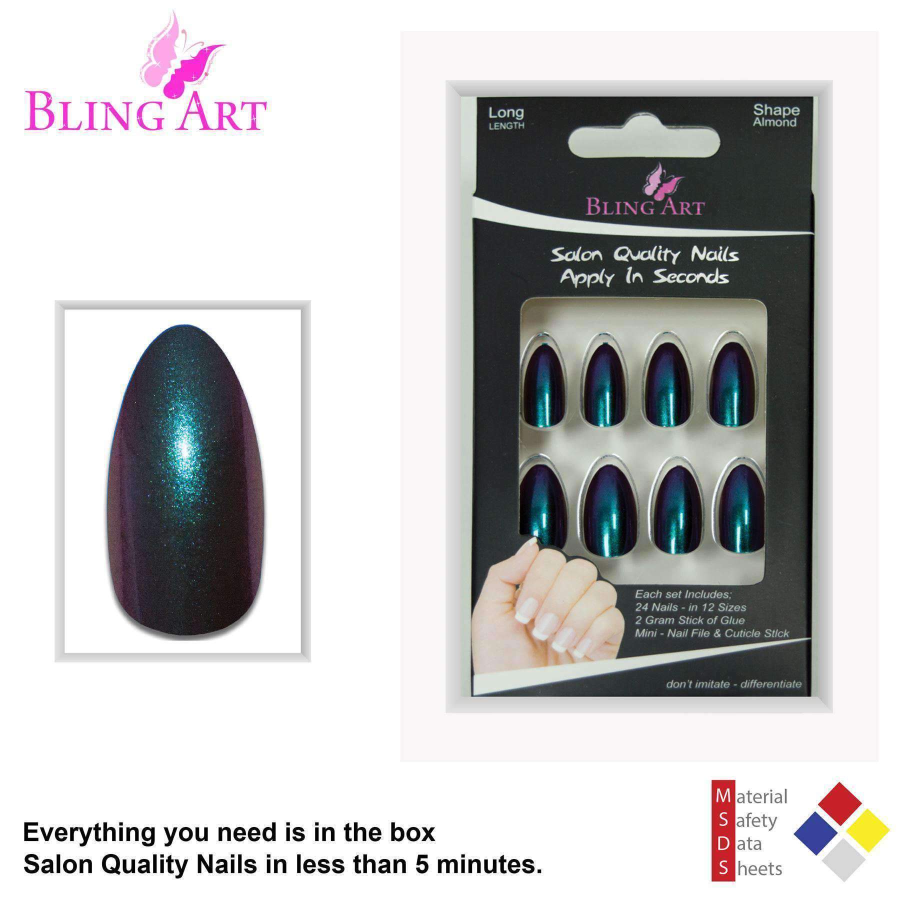 False Nails by Bling Art Green Purple Chameleon Almond Stiletto 24