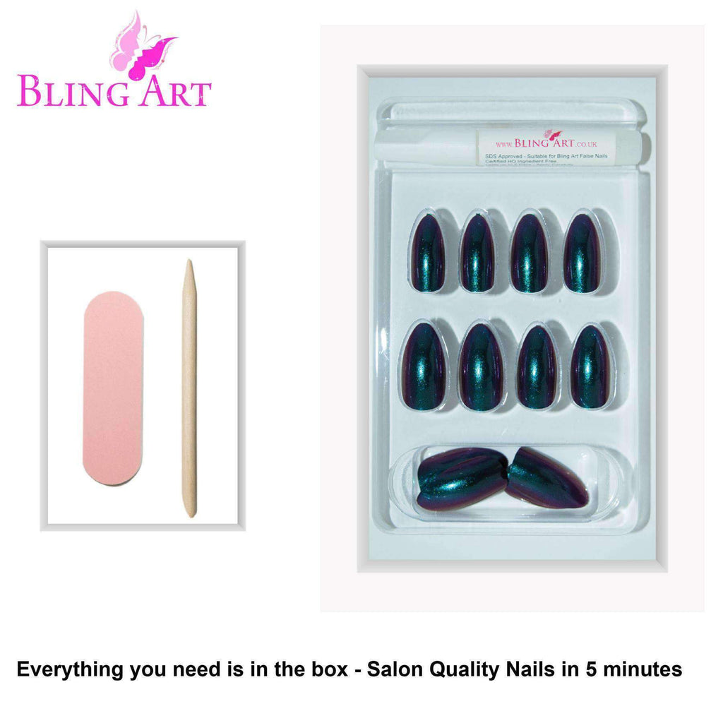 False Nails by Bling Art Green Purple Chameleon Almond Stiletto 24