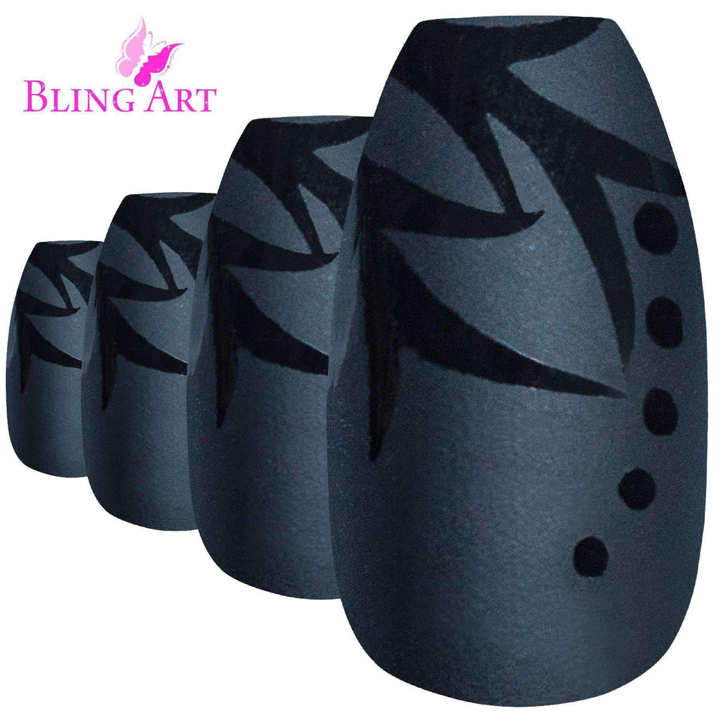 False Nails by Bling Art Black Leaf Matte Ballerina Coffin Acrylic