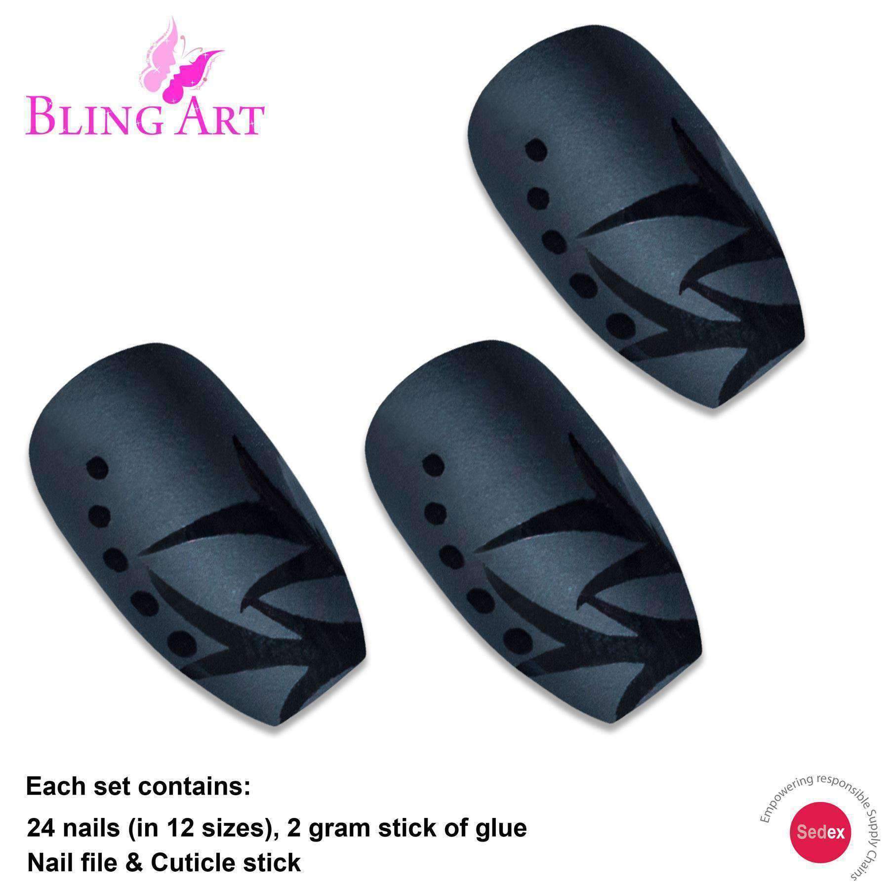 False Nails by Bling Art Black Leaf Matte Ballerina Coffin Acrylic