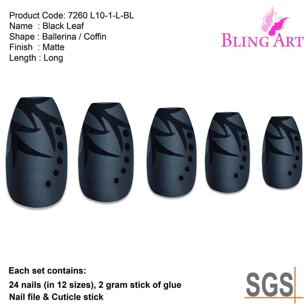 False Nails by Bling Art Black Leaf Matte Ballerina Coffin Acrylic