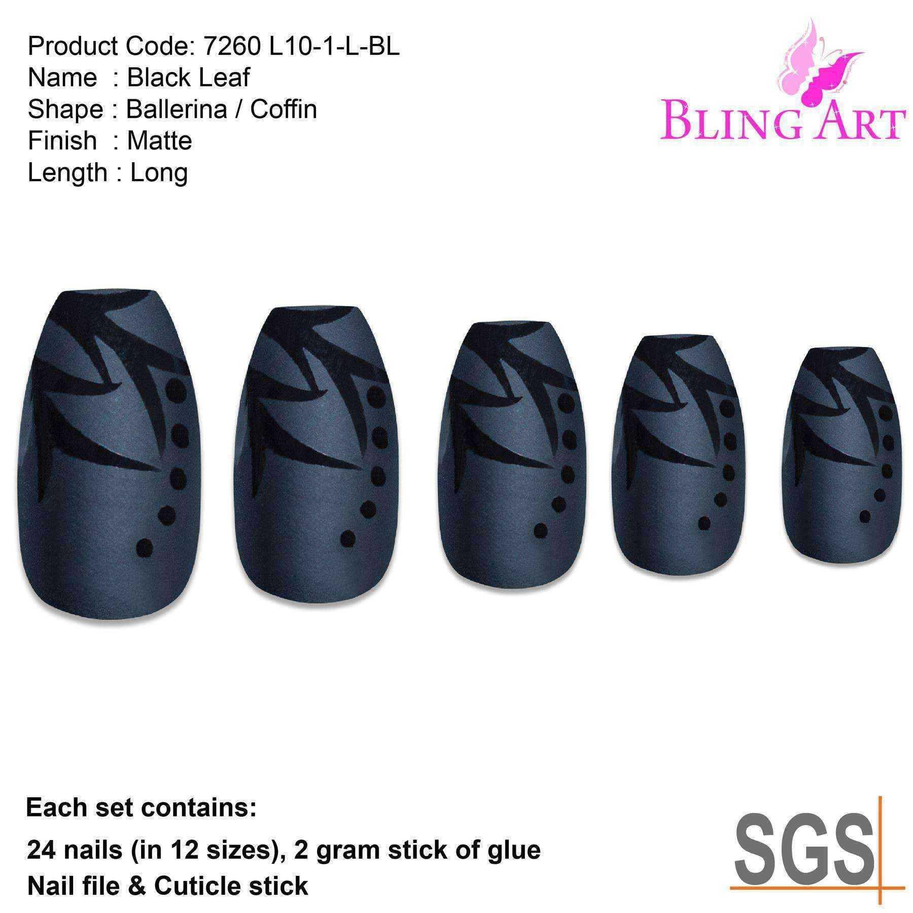 False Nails by Bling Art Black Leaf Matte Ballerina Coffin Acrylic