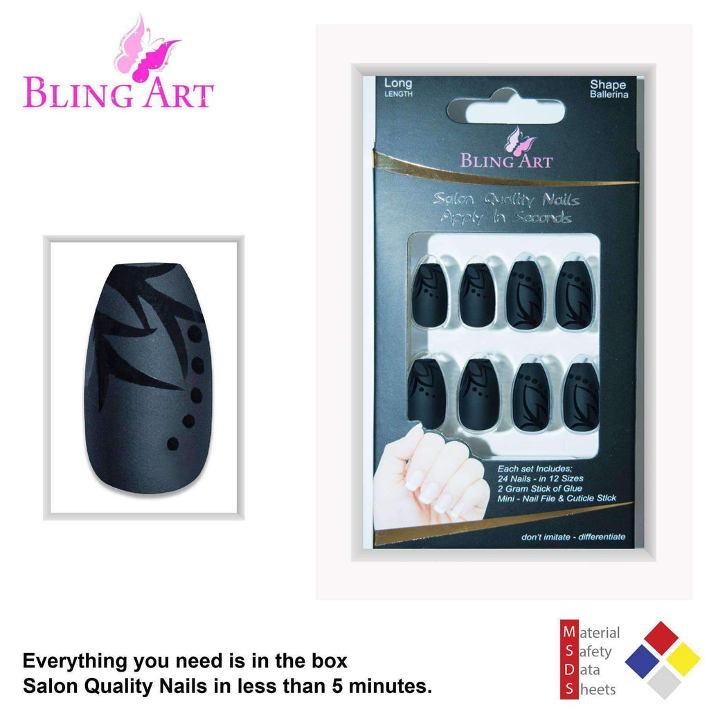 False Nails by Bling Art Black Leaf Matte Ballerina Coffin Acrylic