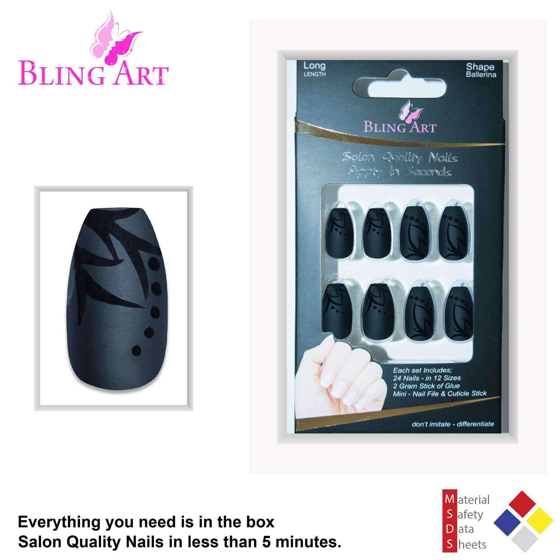 False Nails by Bling Art Black Leaf Matte Ballerina Coffin Acrylic