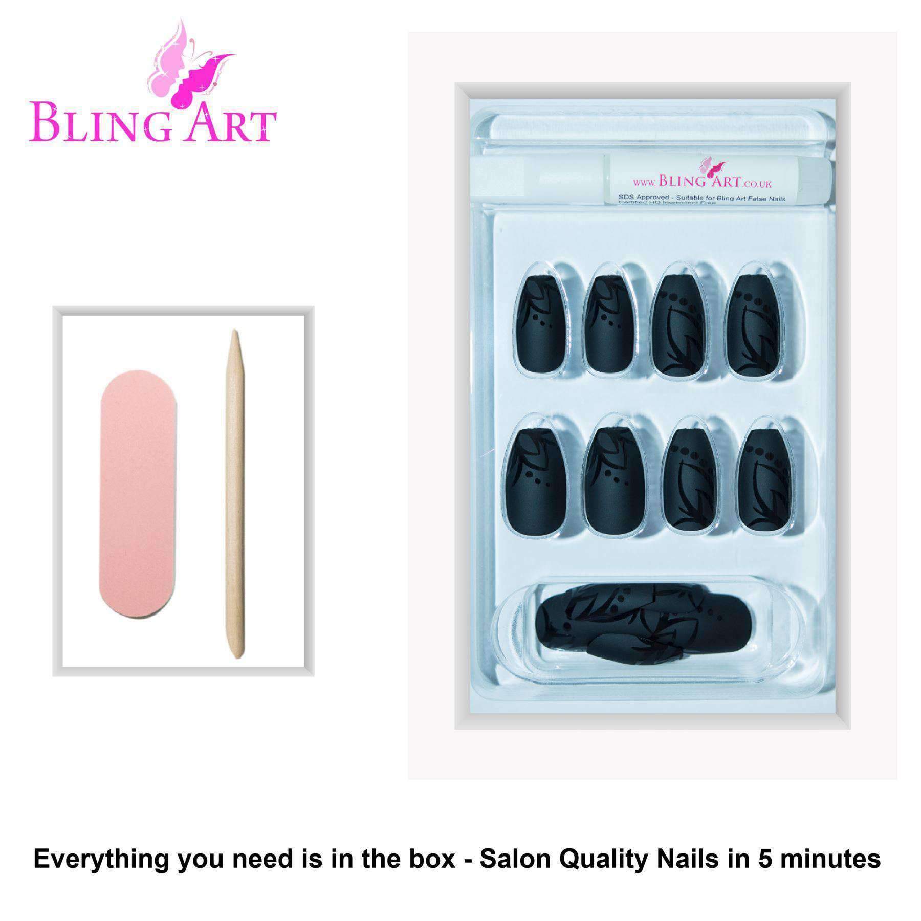 False Nails by Bling Art Black Leaf Matte Ballerina Coffin Acrylic