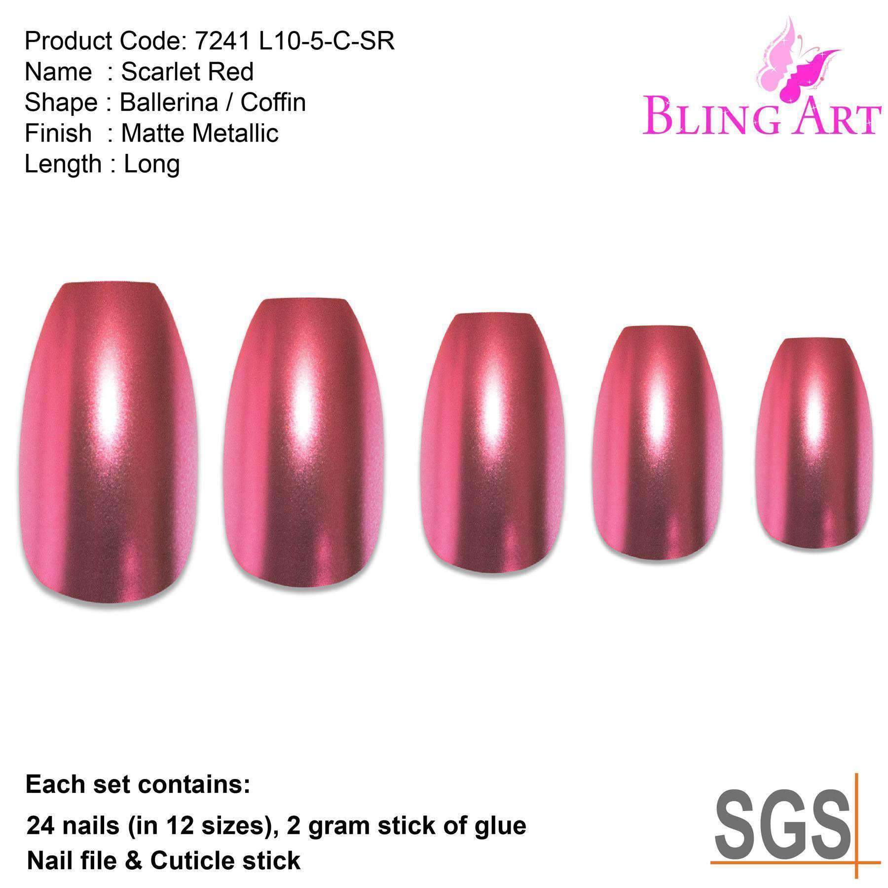 False Nails by Bling Art Red Matte Metallic Ballerina Coffin Fake