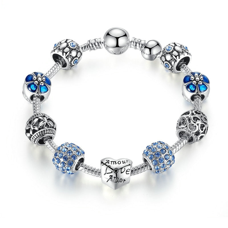 Blue Antiquish SIlver Charm Bracelet 