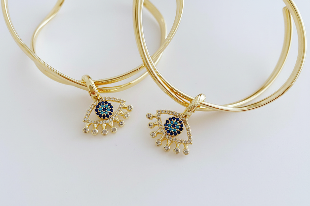 Evil Eye Bangle Bracelet, Adjustable Wide Cuff Bracelet, Gold Cuff