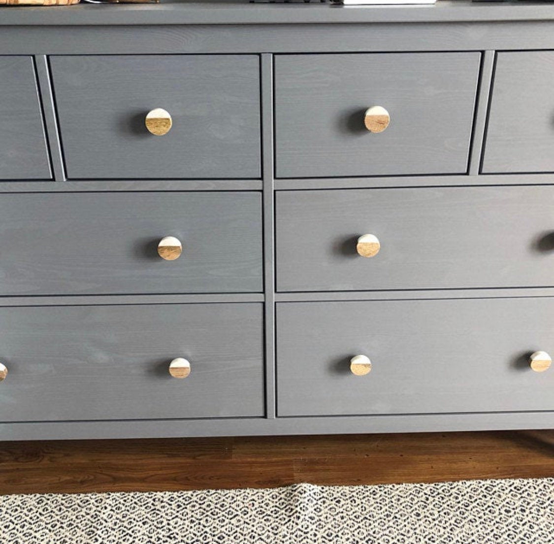 White Stone and Wood Cabinet Knobs, Modern Knobs and Pulls Handmade in