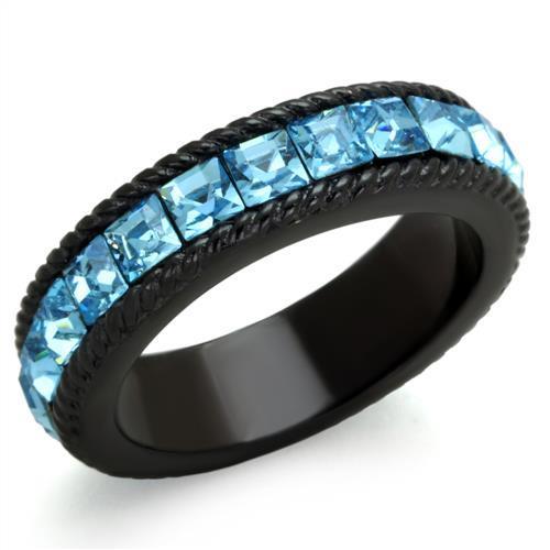 IP Black(Ion Plating) Stainless Steel Ring with Sea Blue Stones